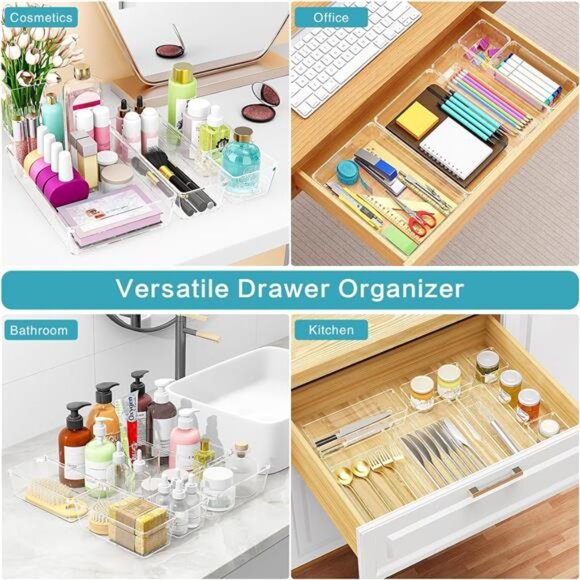 Clear Drawer Organizer Set 12 Plastic Storage Bins Kitchen Bathroom Desk - Picture 5 of 7